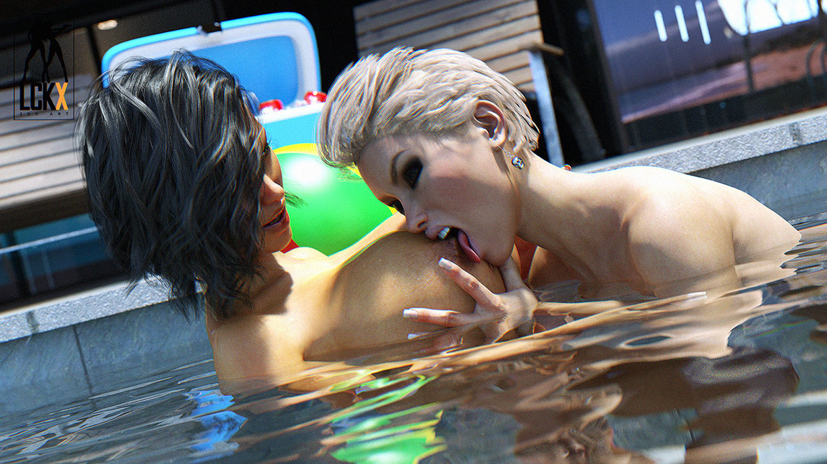 Slim and fit lesbians enjoy a marvelous time in the pool - Hot summer